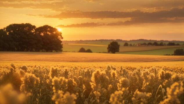 Realistic photographic image of a tranquil field during a beautiful sunset - AI Generative