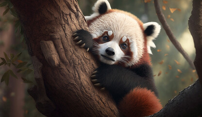 Realistic Panda roux in tree animal AI Generated - obrazy, fototapety, plakaty