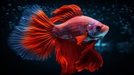 Fototapeta premium Red betta fish fighter double tail halfmoon black background image AI generated art