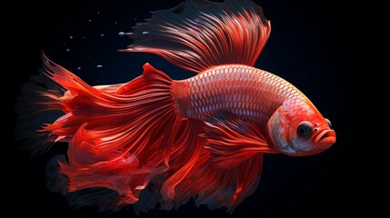 Fototapeta premium Red betta fish fighter double tail halfmoon black background image AI generated art