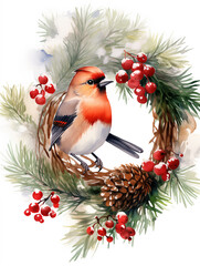 Christmas wreath with Christmas tree, bullfinches, red winter berries. Winter wreath painted by watercolor
