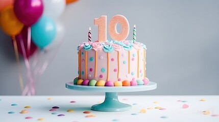 Colorful tasty children's birthday cake with number 10 for tenth birthday. Light blue, orange, pink, white color. Great design for greeting card, for boys and girls.