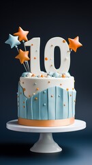 Colorful tasty children's birthday cake with number 10 for tenth birthday. Light blue, orange, white color. Great design for greeting card, for boys and girls.
