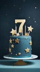 Colorful tasty children's birthday cake with candles and number 7 for the seventh birthday.  Great design for greeting card, for boys and girls. Blue, gold color.
