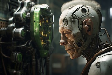 Fototapeta premium Old lonely android with weathered parts, lost in thought, Generative AI