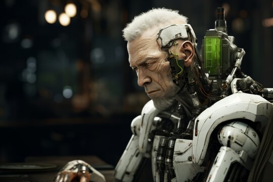 Old lonely android with weathered parts, lost in thought, Generative AI