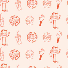 Seamless pattern with sketched burger, cheeseburger or hamburger. Background template for fast food.