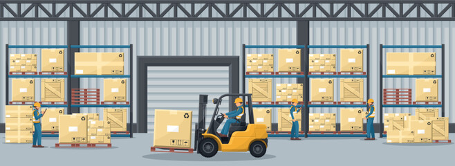 Warehouse with industrial metal racks for pallet support. Forklift loading boxes. Worker doing inventory of merchandise. Cargo and shipping logistics. Industrial storage and distribution of products