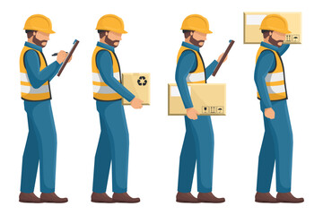 Set of industrial workers with their personal protective equipment, helmet, vest, safety shoes carrying a box checking their order. Safety First. Industrial safety and occupational health at work