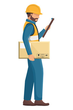 Industrial worker with his personal protective equipment, helmet, vest, safety shoes carrying a box checking his order. Safety First. Industrial safety and occupational health at work