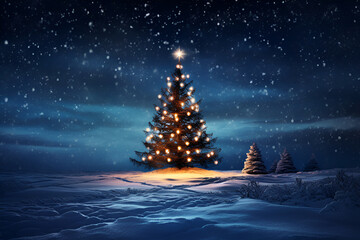 Beautiful decorated Christmas tree in a winter landscape - obrazy, fototapety, plakaty