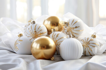 Fototapeta na wymiar White baubles with gold decorations. Christmas decorations. Christmas balls.