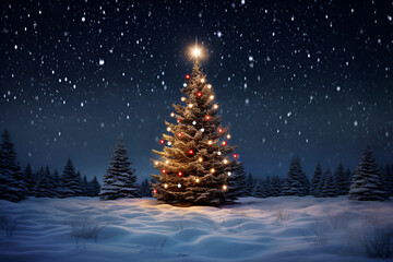 Obraz premium Decorated Christmas tree in a forest at night