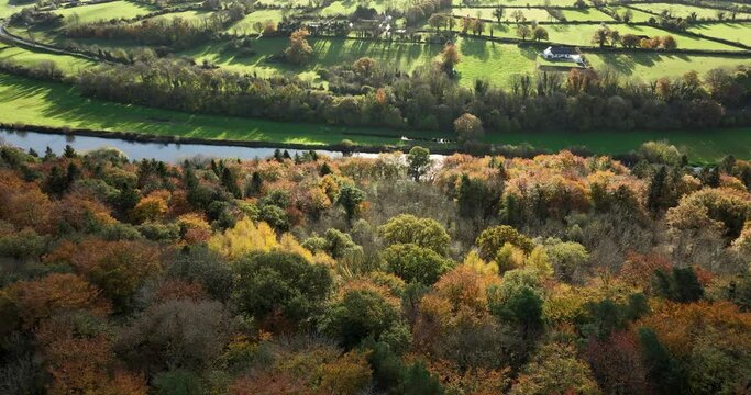 Scenic autumn landscape with a river and colourful autumn forest 4k