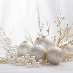 White baubles with gold decorations. Christmas decorations. Christmas balls.
