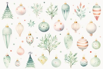 Cute watercolor Christmas set with Christmas tree decorations, balls, twigs, fir trees, Christmas decor. Illustration isolated on white background. Design elements, festive wrapping paper - obrazy, fototapety, plakaty