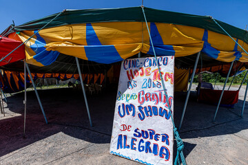traveling circus tent in blue and yellow colors. Brazil