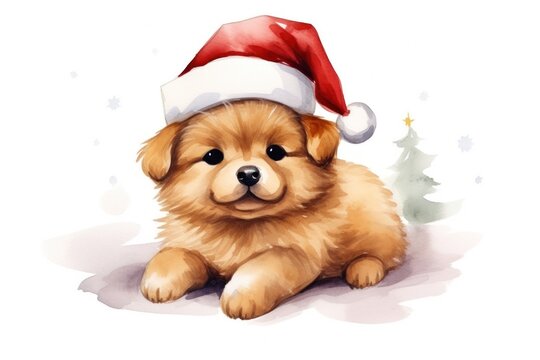 Cute watercolor Christmas puppy in a Santa Claus hat. Xmas dog. Illustration isolated on a white background. Festive New Year atmosphere. For greeting cards, congratulations, prints, scrapbooking