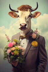A cow in elegant suit holds fresh spring flowers and gives them away for Valentine's Day. Abstract concept. A cow stand like a human. 