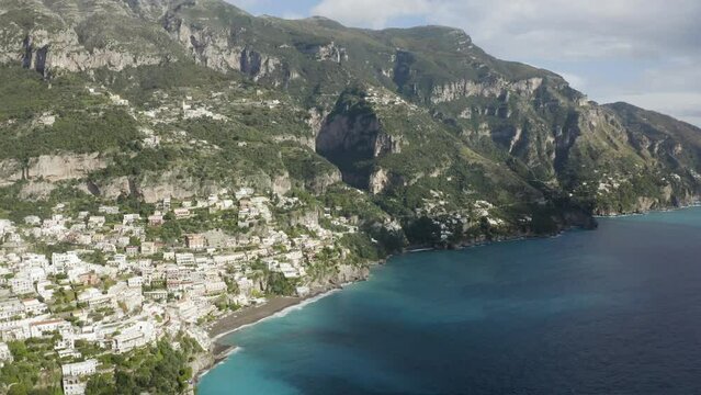 Beautiful Positano, Italy.  Amalfi Coast.  4k aerial drone footage.  
