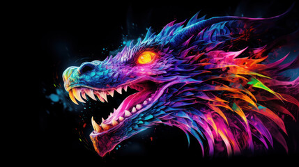 Vibrant-colored Asian dragon on black background