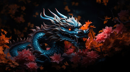 Fototapeta na wymiar Vibrant-colored Asian dragon on black background