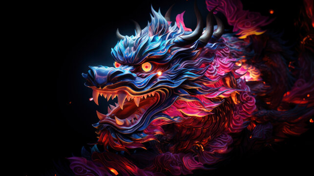 Vibrant-colored Asian dragon on black background