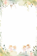 Frame with flowers and little angels painted in watercolor on a white background.