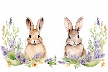Obraz premium Frame decorated with rabbits, watercolor isolated on white background.