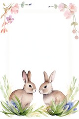 Picture frame of flowers and rabbits painted with watercolor on a white background.