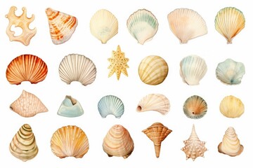 Set of cartoon pictures of sea shells Watercolor technique style on white background.