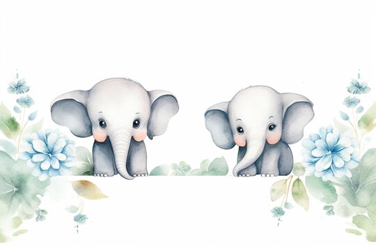 Picture frame of flowers and elephants painted with watercolors on a white background.