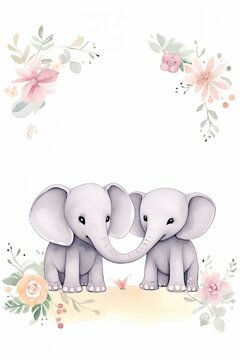 Picture frame of flowers and elephants painted with watercolors on a white background.