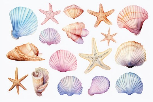 Set of cartoon pictures of sea shells Watercolor technique style on white background.