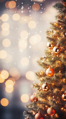 Fototapeta na wymiar Christmas tree with decorations on blurred bokeh background. Merry Christmas and Happy New Year.