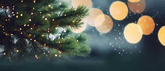 Christmas background with bokeh defocused lights and fir tree branches. - obrazy, fototapety, plakaty