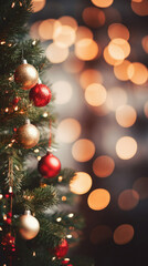 Christmas tree with red and golden balls and lights bokeh background.