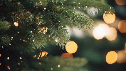 Christmas tree branch with lights bokeh background, vintage toned. - obrazy, fototapety, plakaty