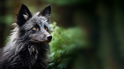 A portrait of a silver black fox in a forest