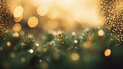 Christmas background with bokeh defocused lights and fir tree.