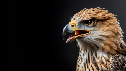 Close up of angry hawk isolated on gray background