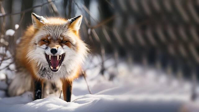 A portrait of an angry fox in a forest