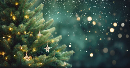 Christmas tree with golden lights and snowflakes on bokeh background. - Powered by Adobe