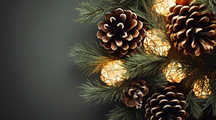 Fototapeta premium Christmas and New Year background with bokeh lights and pine cones.