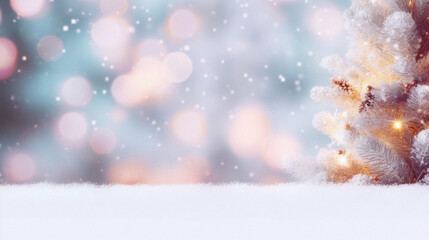 Fototapeta na wymiar Christmas background with snowy fir tree and bokeh. Copy space.