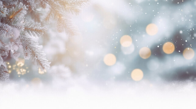 Christmas background with snow and bokeh lights. Winter landscape.