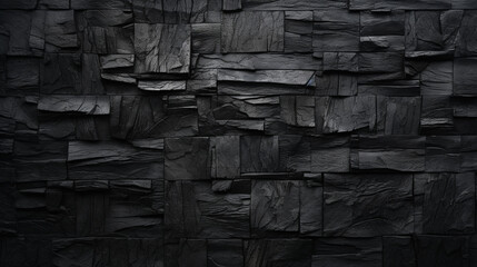 Fond d'un mur noir, texture ardoise, brique, charbon. Ambiance sombre. Arrière-plan pour conception et création graphique.