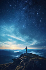 Stars in the night sky. Man standing on top of mountain cliff and admire night sky with plethora of stars. - obrazy, fototapety, plakaty