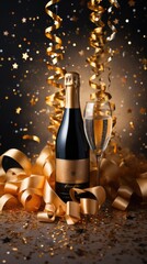 Champagne bottle and two glasses with golden confetti on black background.