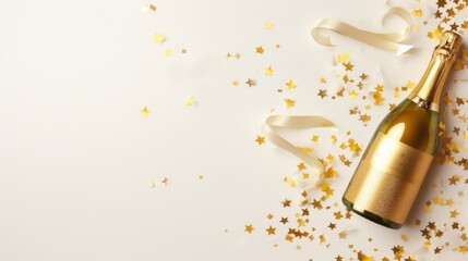 Champagne bottle and golden confetti on white background. Top view with copy space.